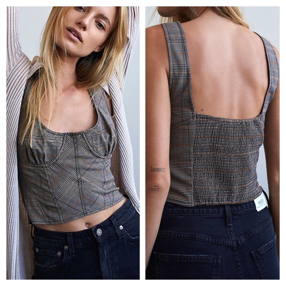 NWT Free People Tara Bustier Top Plaid Grey M